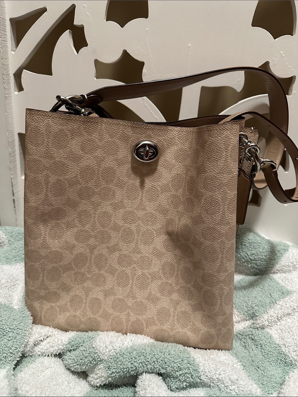 Coach Taupe Signature Canvas Shoulder Bag with Silver Hardware